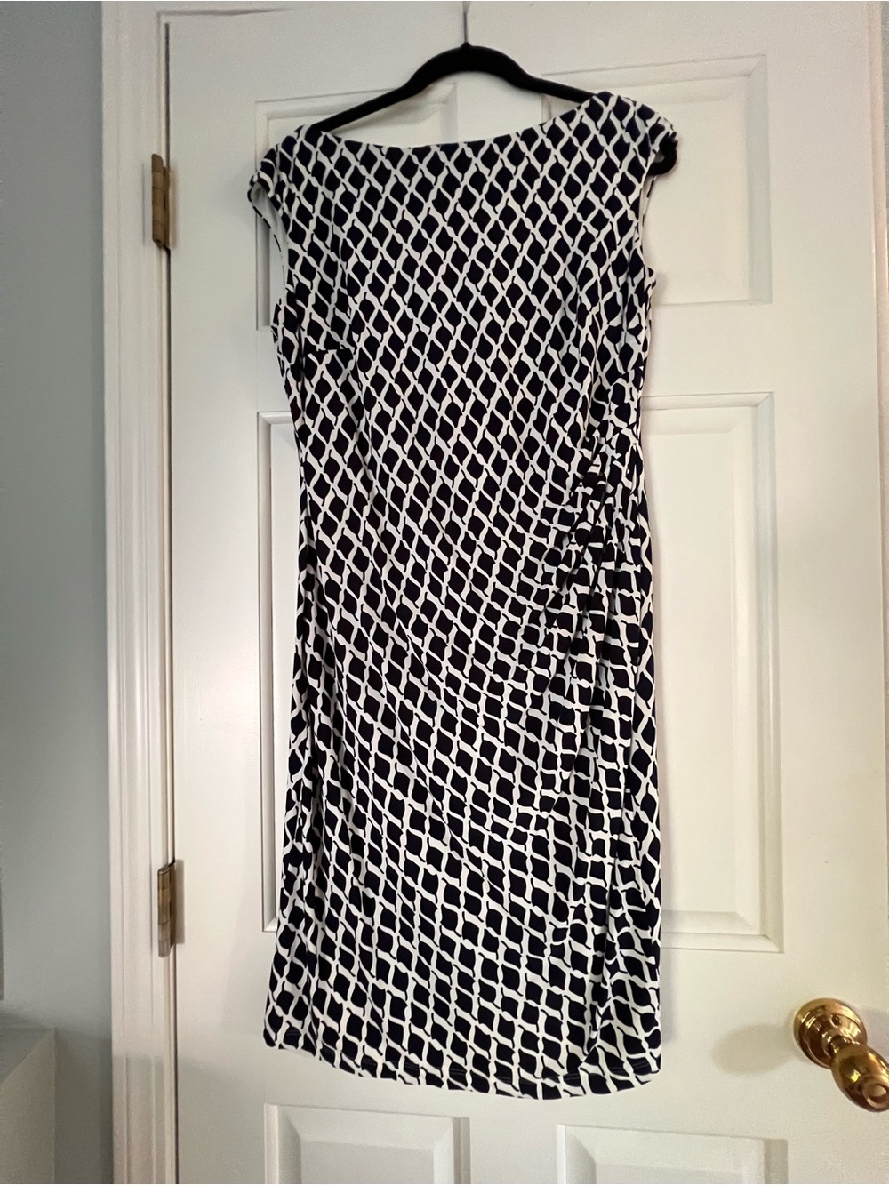 Ralph Lauren Classic Navy & White Capped Sleeve Dress With Ruching, Size 12